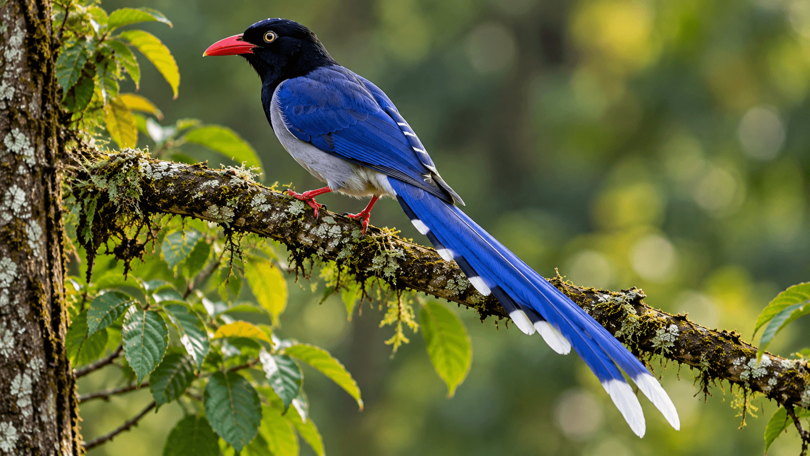 Red-billed blue magpie on a mossy branch