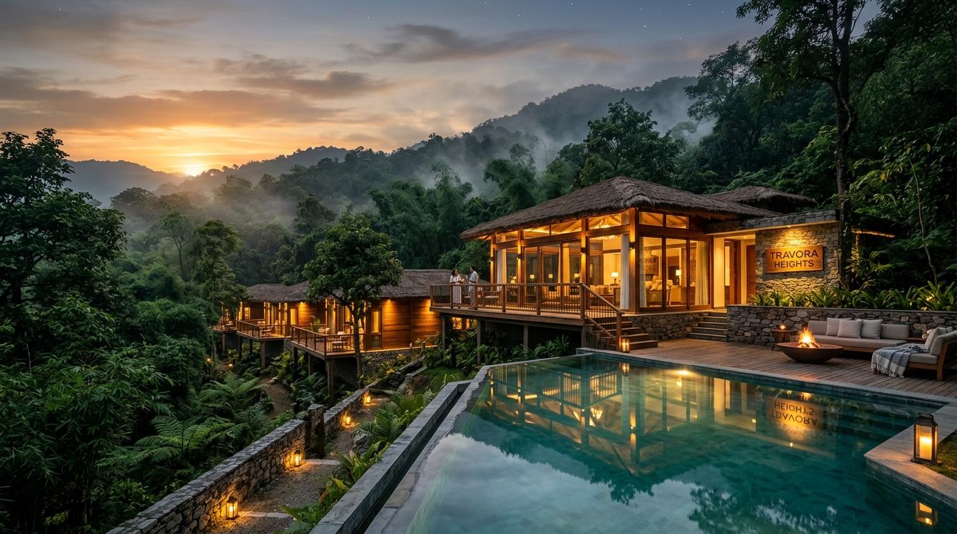 Travora Heights jungle resort at dusk